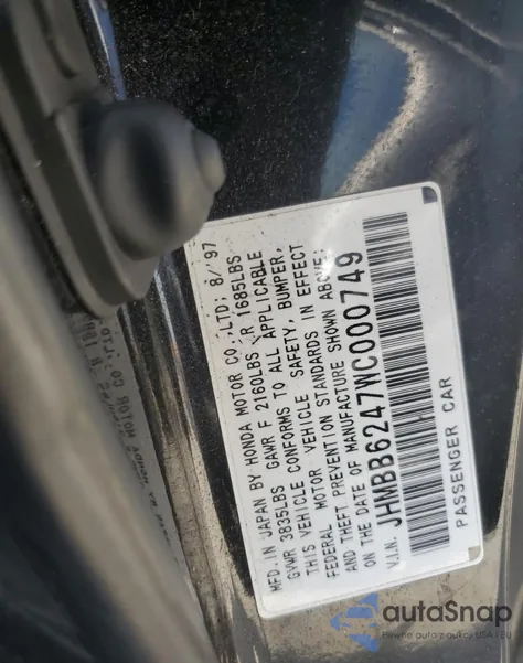 1998 Honda Prelude z USA, uszkodzony, nr VIN JHMBB6247WC000749